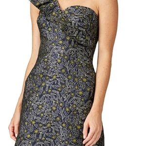 Monique Lhuillier Blue and Gold Sequin One Shoulder Cocktail Dress